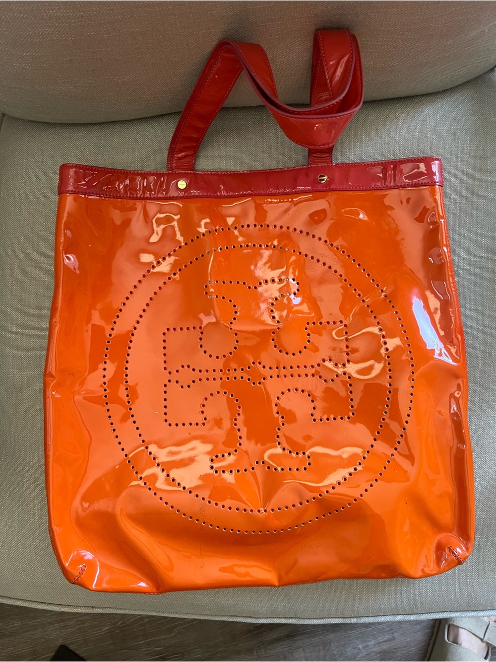 Tory Burch Patent Leather Orange Tote Bag with Perforated Logo